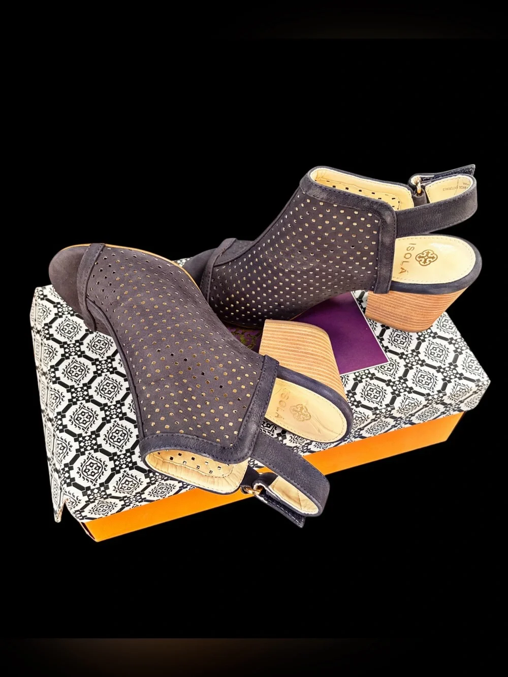 Perforated Leather Block Heel Sandals